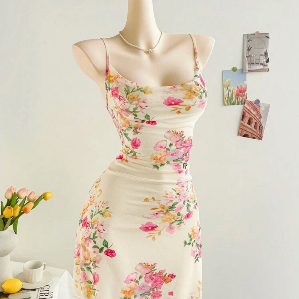SHEIN Cream Ruched Midi Dress for Wedding Guest